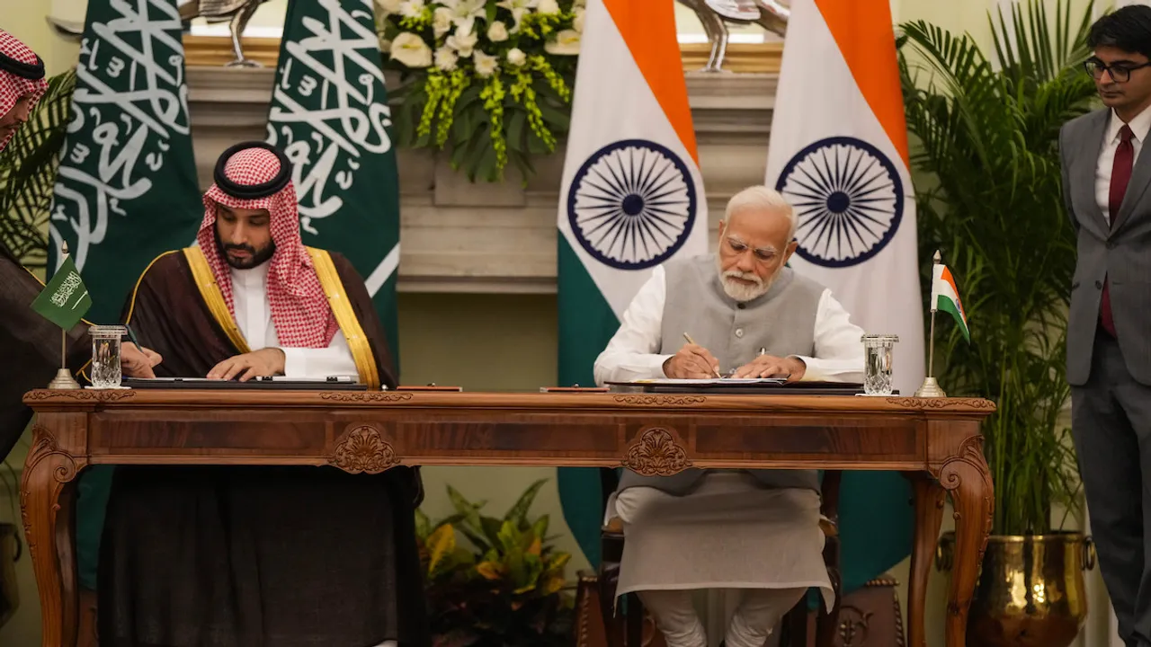 Prime Minister Narendra Modi and Saudi Arabia's Crown Prince and Prime Minister Mohammed bin Salman bin Abdulaziz Al Saud during signing of minutes of the first meeting of India-Saudi Arabia Strategic Partnership Council at the Hyderabad House, in New Delhi, Monday, Sept. 11, 2023.