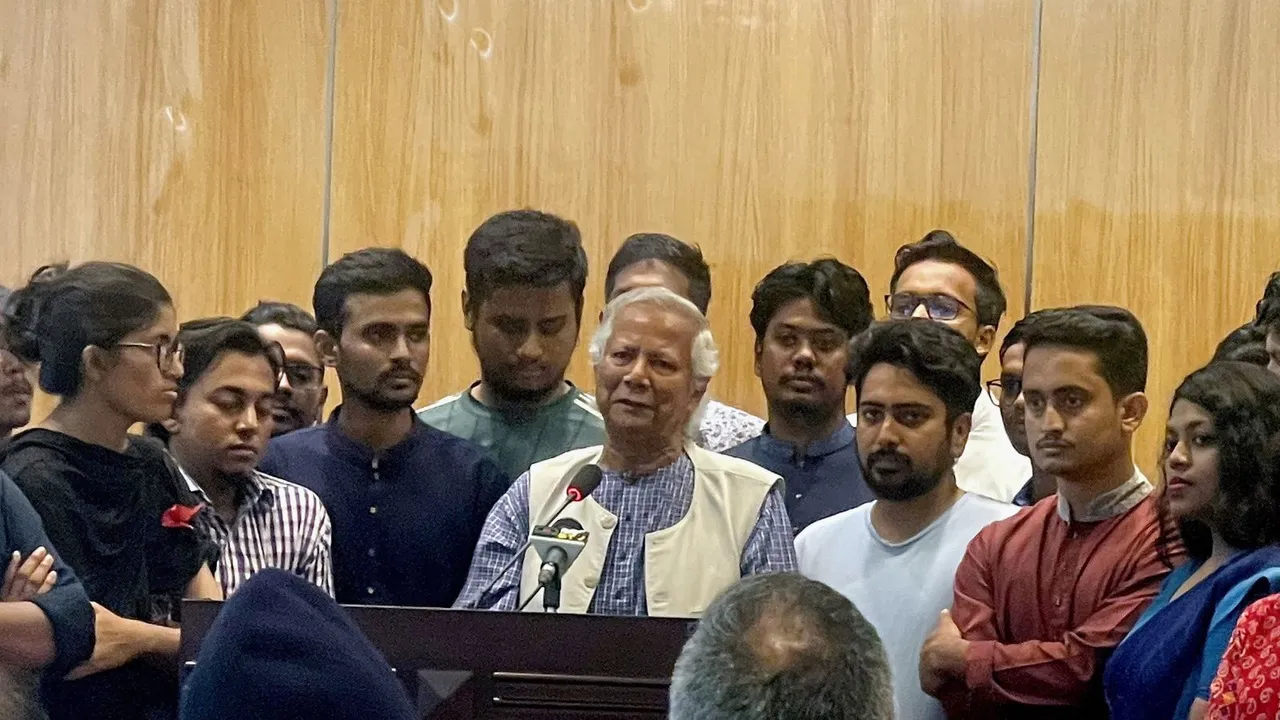 Nobel laureate Muhammad Yunus (C) speaks to the media in Dhaka, Bangladesh, 08 August 2024.