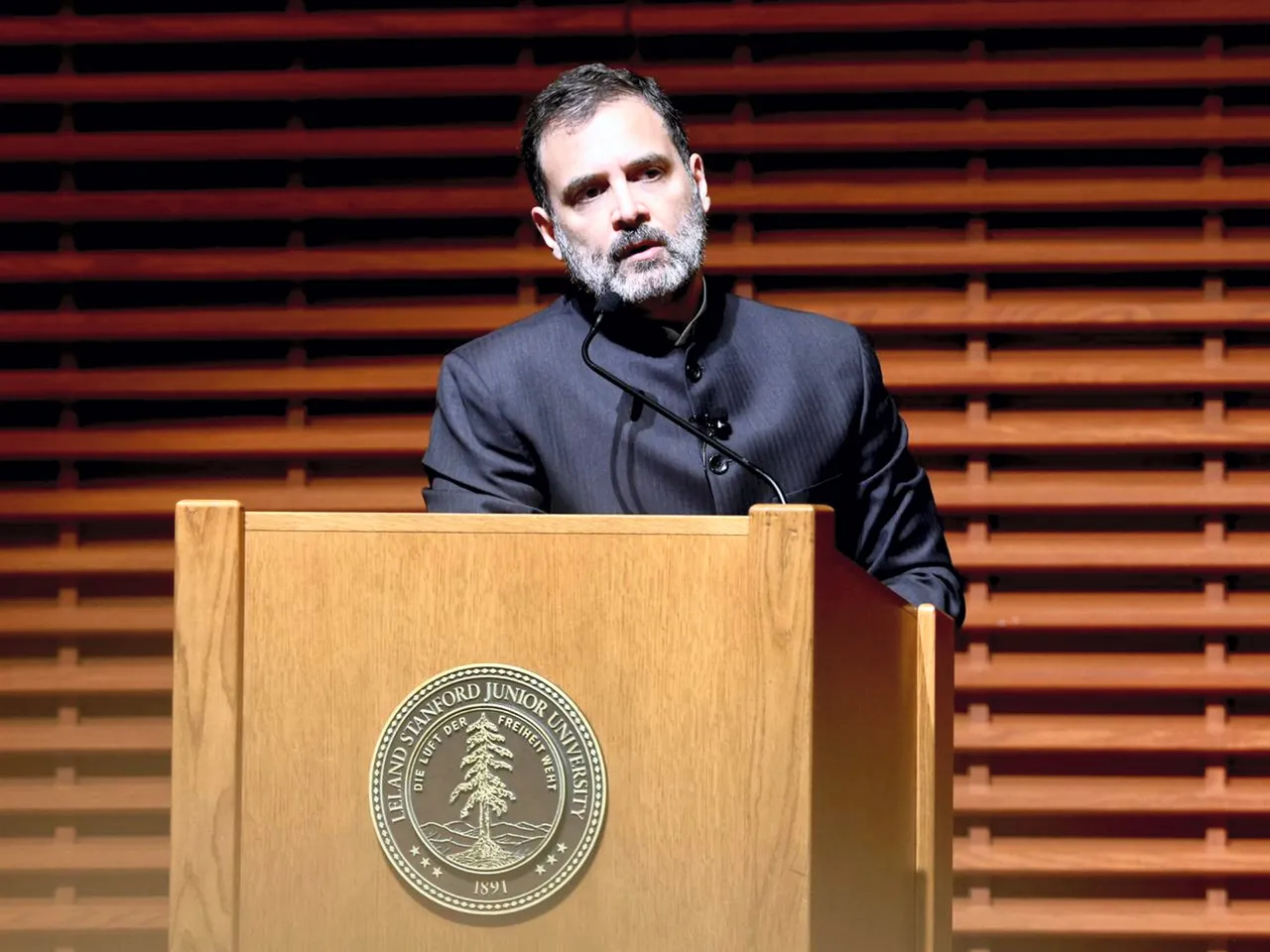 Congress leader Rahul Gandhi speaks during an interactive session at the Stanford University, in California, USA