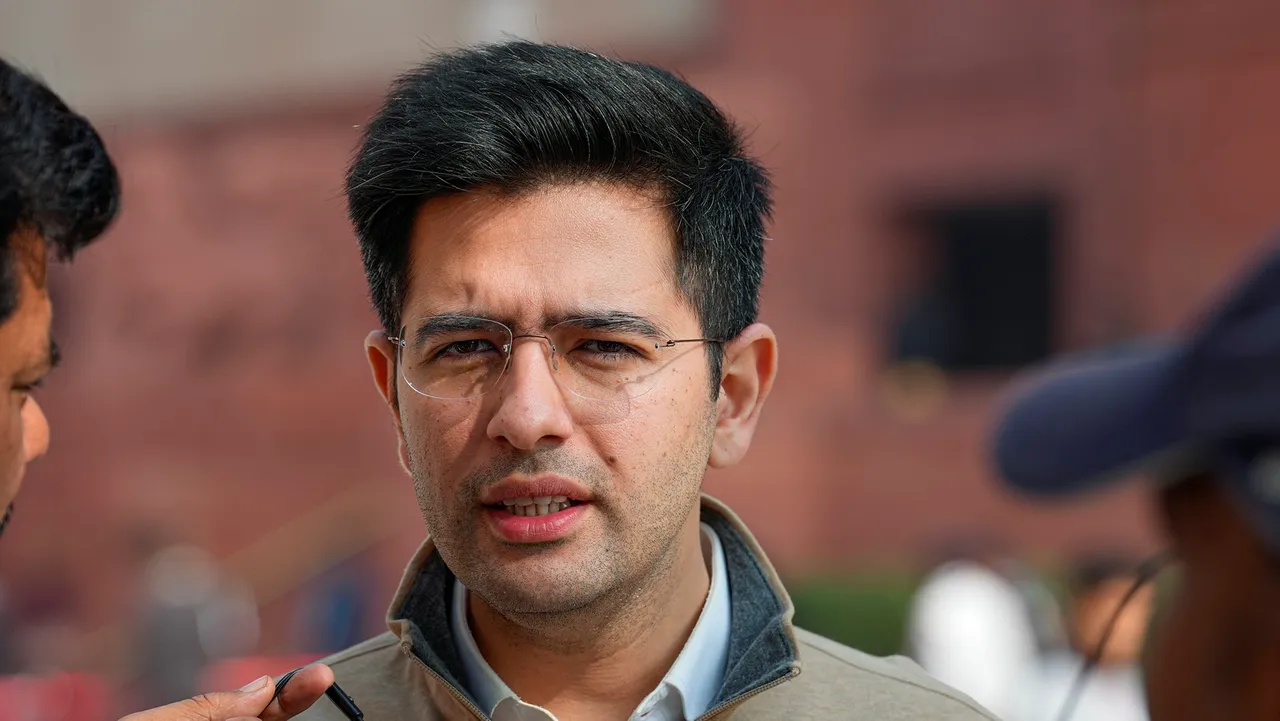 AAP MP Raghav Chadha speaks with the media during the Winter session of Parliament, in New Delhi