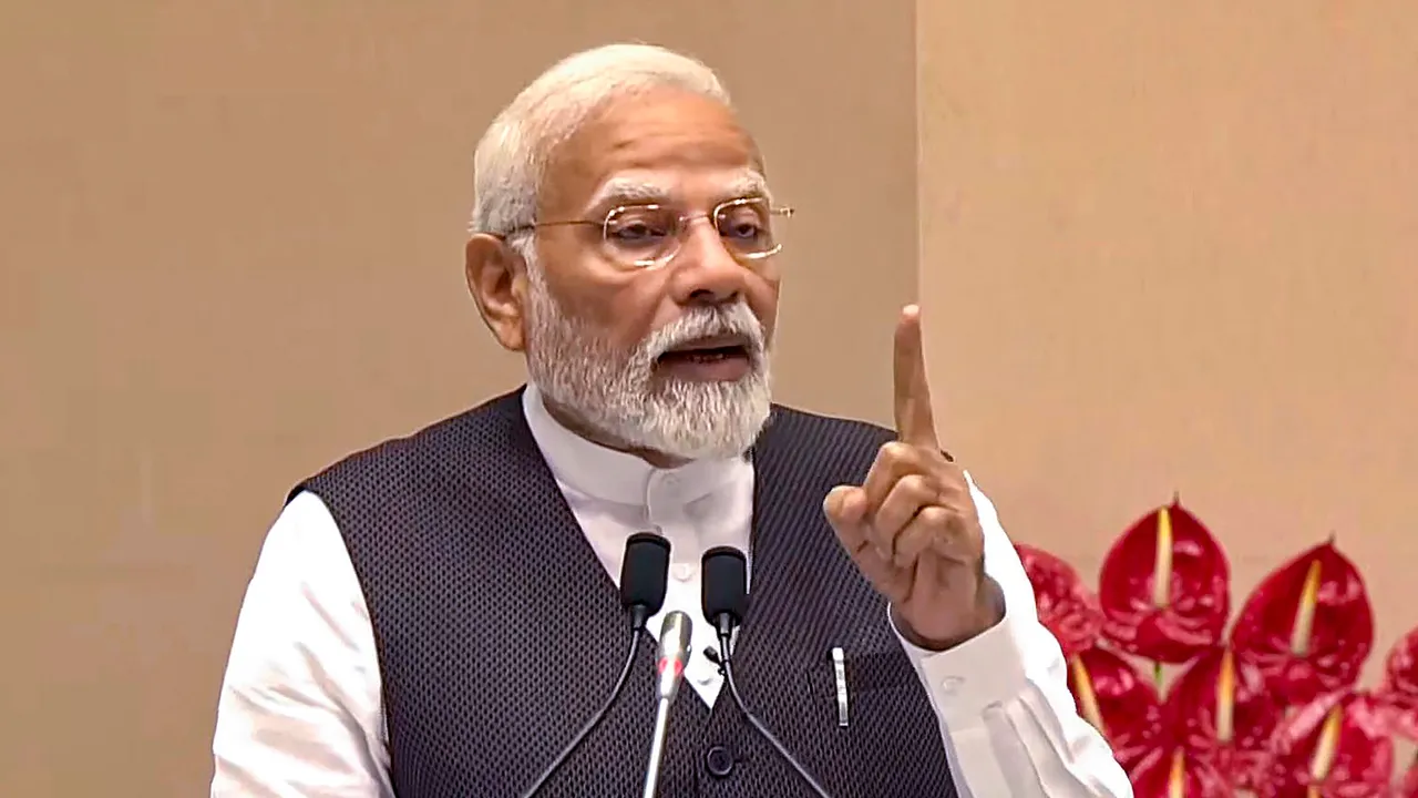 Prime Minister Narendra Modi addresses the ‘International Lawyers’ Conference 2023’ at Vigyan Bhawan, in New Delhi
