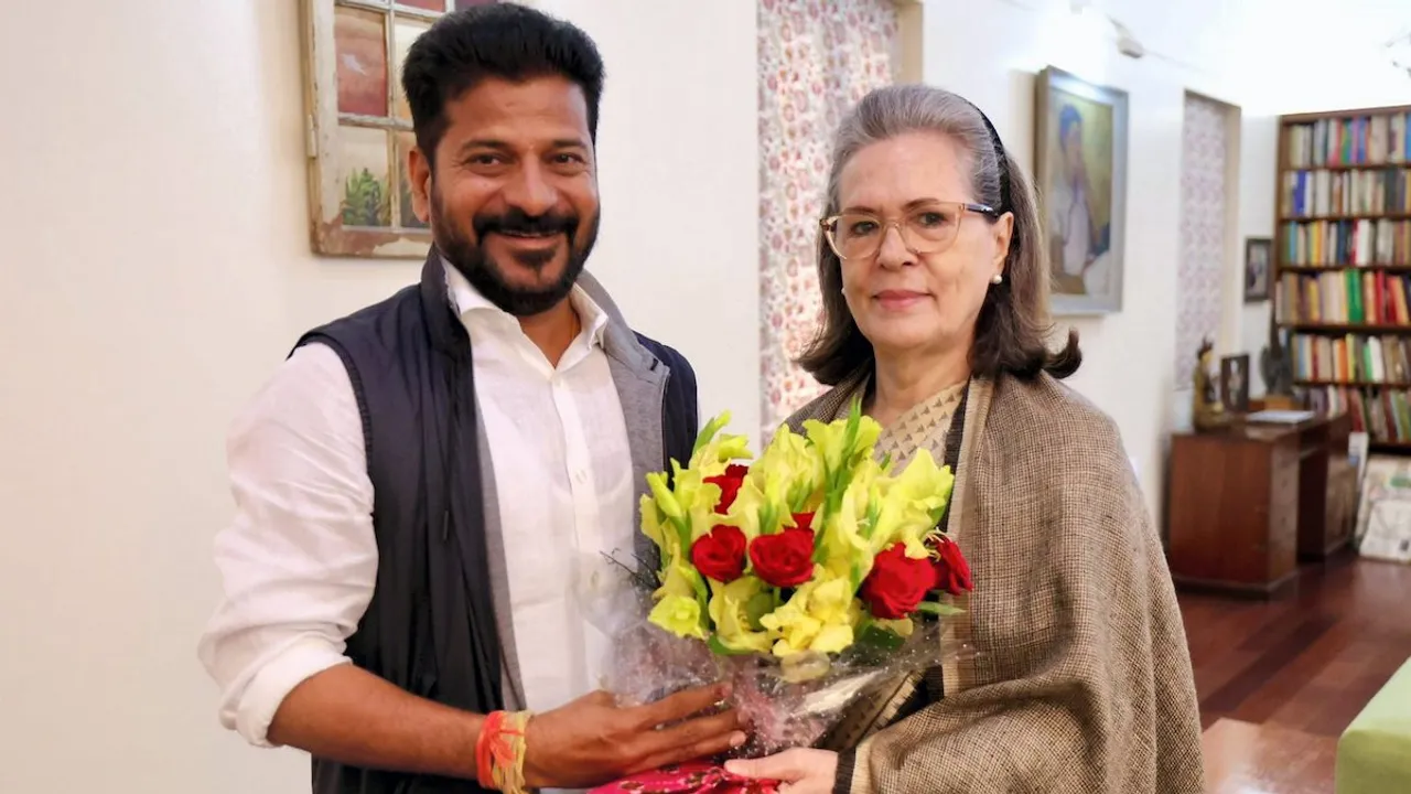 Sonia Gandhi with party's Telangana Chief A Revanth Reddy who was elected as the new chief minister of the state, during a meeting at her residence, in New Delhi, Wednesday, Dec, 6, 2023.