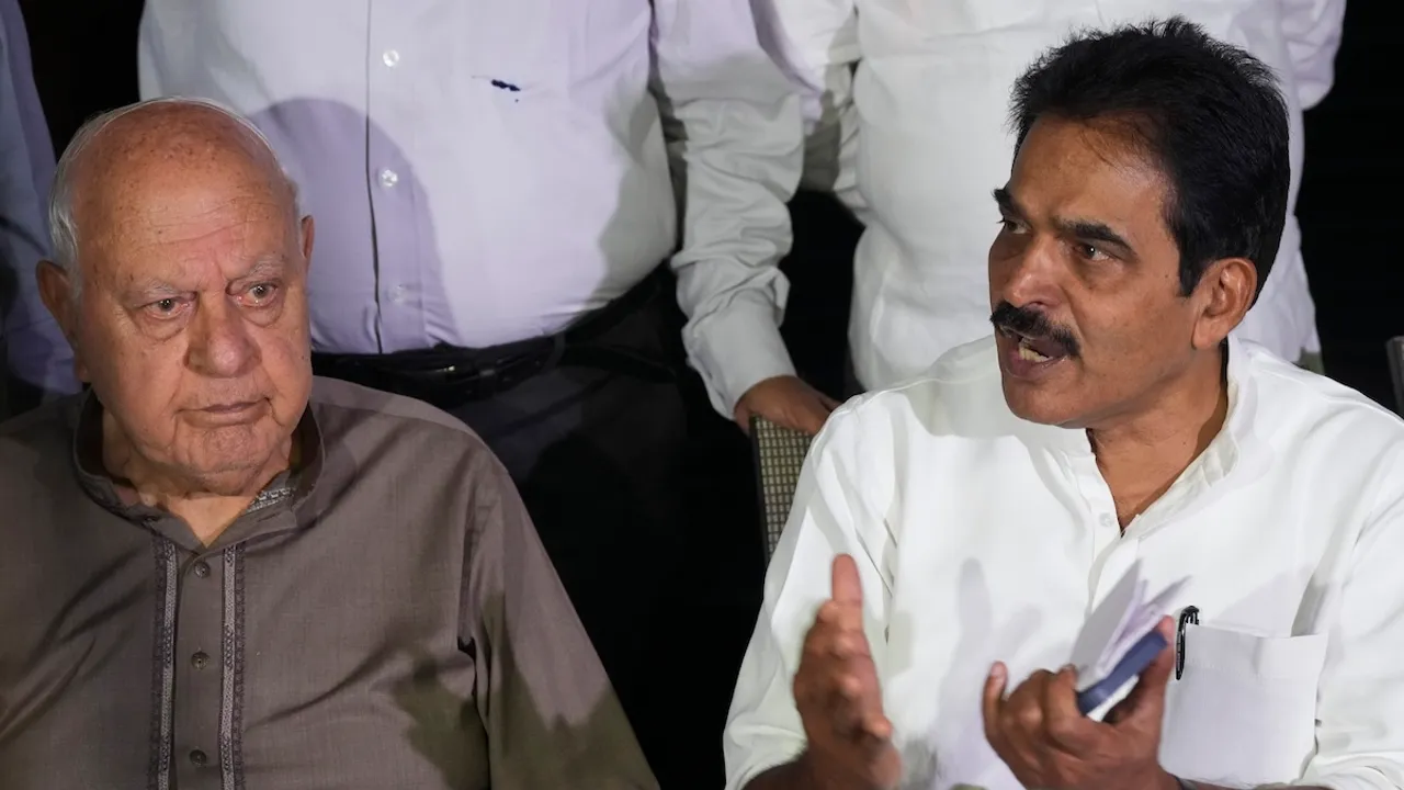 AICC General Secretary KC Venugopal with National Conference Chief Farooq Abdullah during a joint press conference of JKPCC and National Conference after a meeting, in Srinagar, Monday, Aug. 26, 2024. 