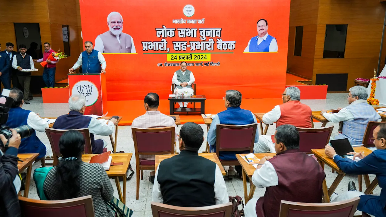 BJP National President J.P. Nadda during a party meeting regarding the upcoming Lok Sabha elections, at BJP headquarters in New Delhi, Saturday, Feb. 24, 2024.