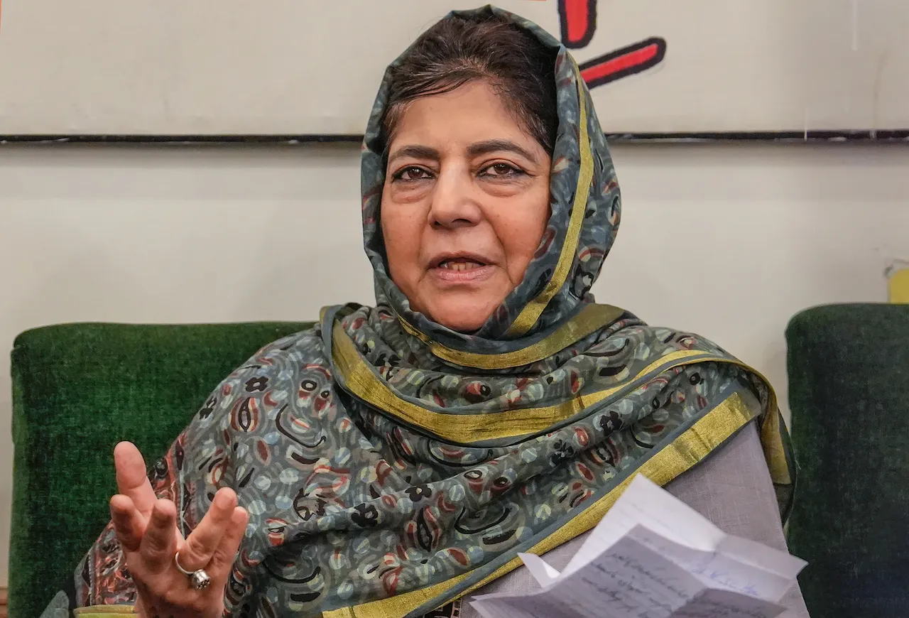 Peoples Democratic Party (PDP) President Mehbooba Mufti addresses a press conference, in Srinagar