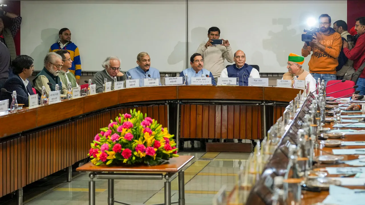 Rajnath Singh, Arjun Ram Meghwal, Pralhad Joshi, Congress MP Jairam Ramesh and others during a meeting of the floor leaders of political parties at the Parliament House before the commencement of the Winter Session on Saturday, Dec. 2, 2023