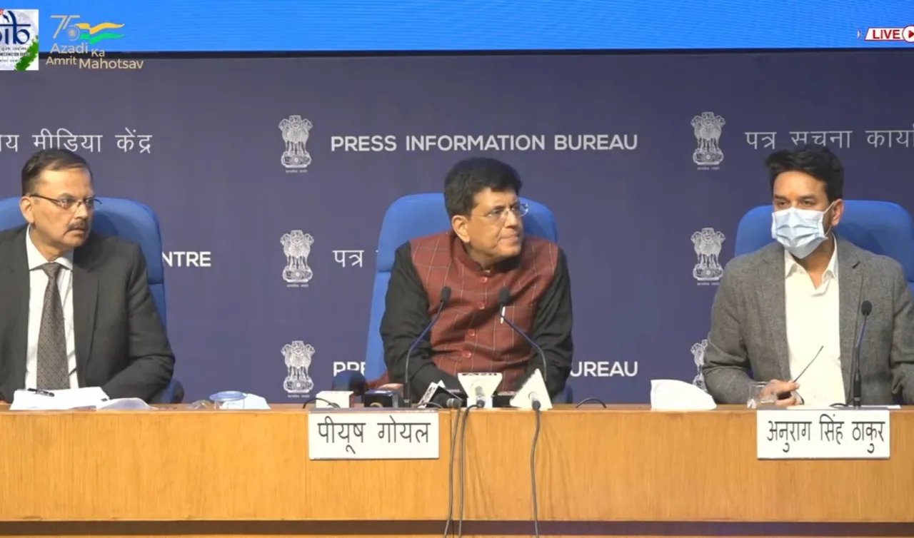 Union ministers Piyush Goyal and Anurag Thakur during cabinet briefing on Friday