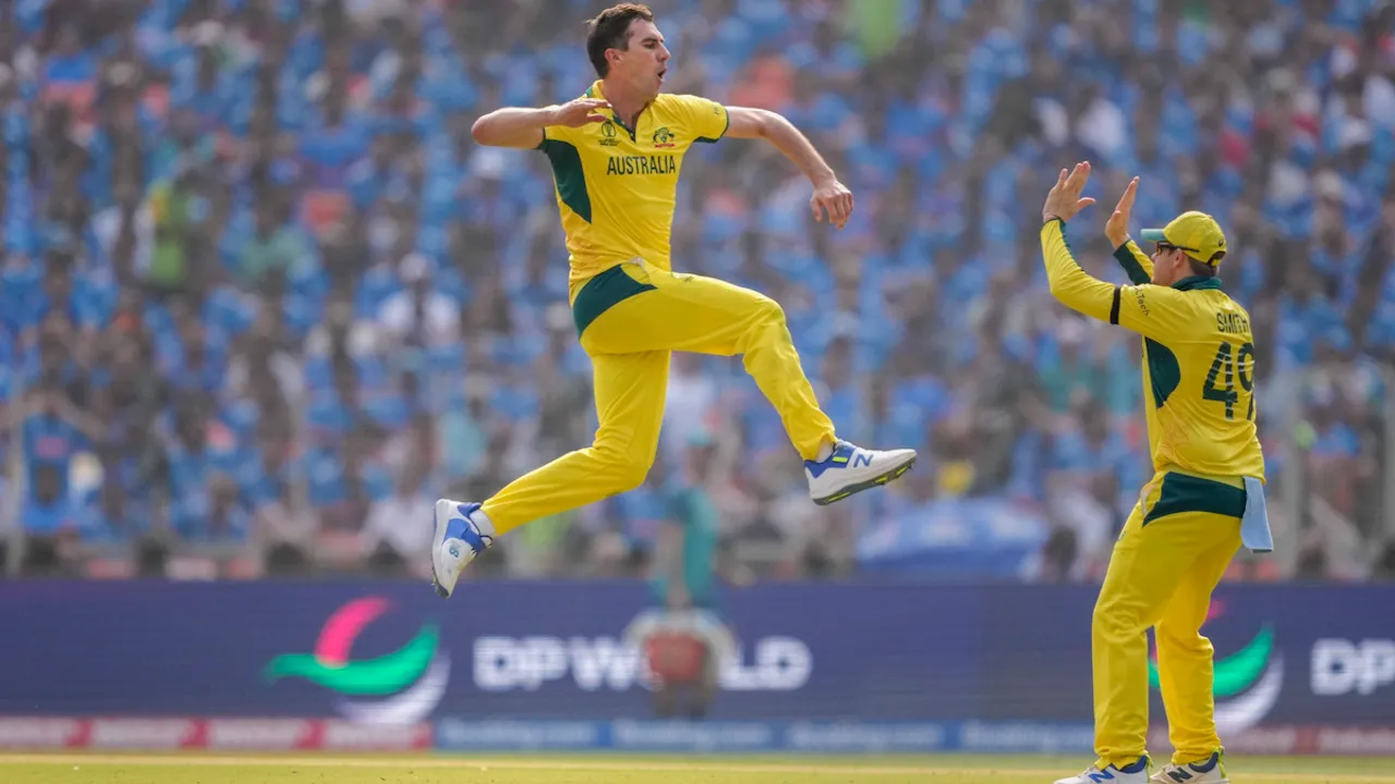Pat Cummins celebrates the wicket of Shreyas Iyer during the ICC Men’s Cricket World Cup 2023 final between India and Australia at the Narendra Modi Stadium