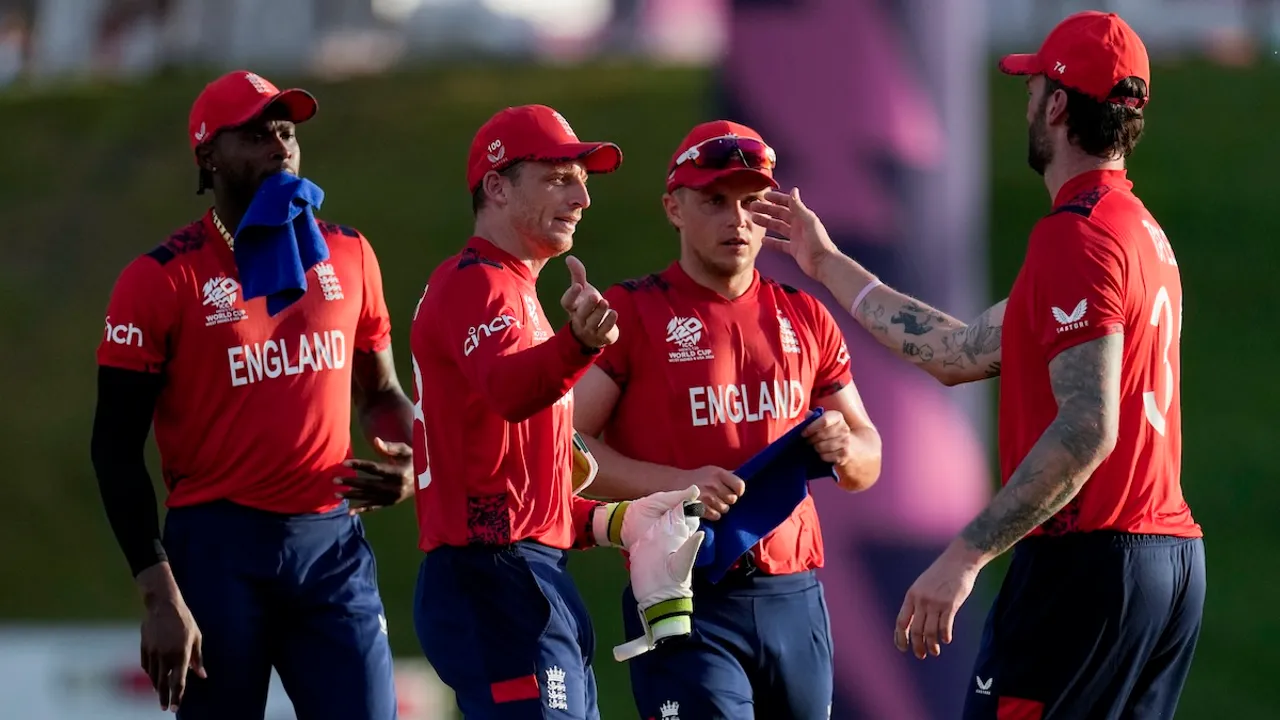 Phil Salt reacts after scoring 50 runs during the men's T20 World Cup cricket match between England and the West Indies at Darren Sammy National Cricket Stadium, Gros Islet, St Lucia, Wednesday, June 19, 2024