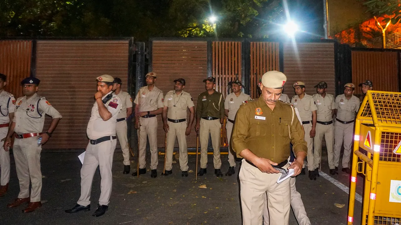 Security personnel deployed outside the residence of Delhi Chief Minister Arvind Kejriwal, in New Delhi