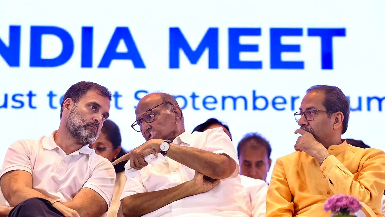Congress leader Rahul Gandhi, NCP chief Sharad Pawar and Shiv Sena (UBT) chief Uddhav Thackeray during the Indian National Developmental Inclusive Alliance (INDIA) meeting, in Mumbai