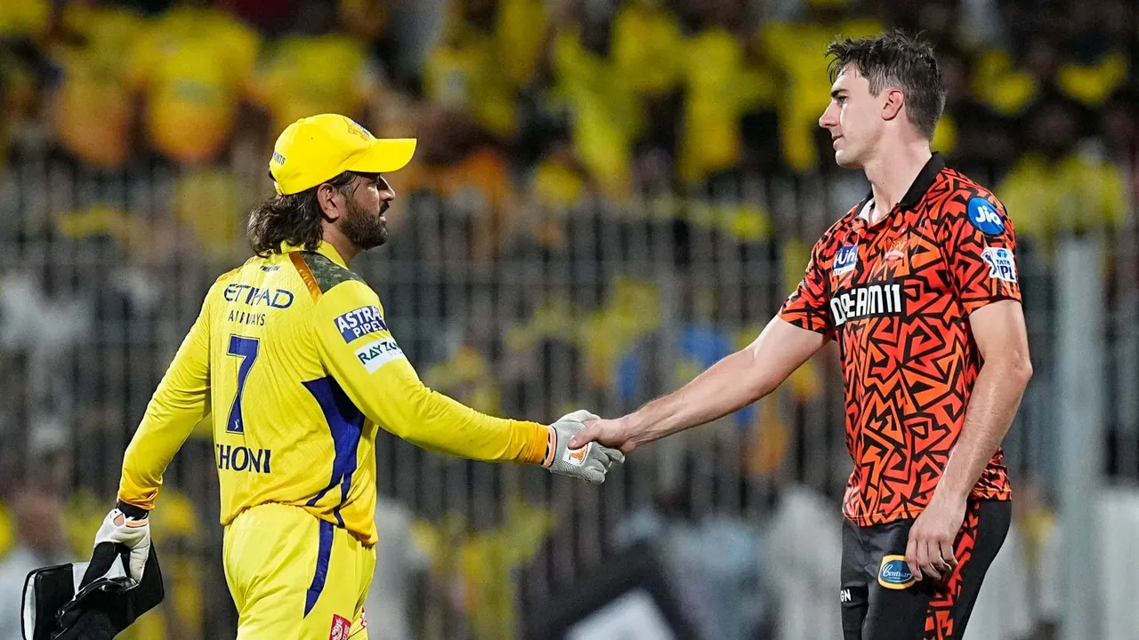 Chennai Super Kings' M S Dhoni and Sunrisers Hyderabad's captain Pat Cummins during the Indian Premier League (IPL) 2024 T20 cricket match