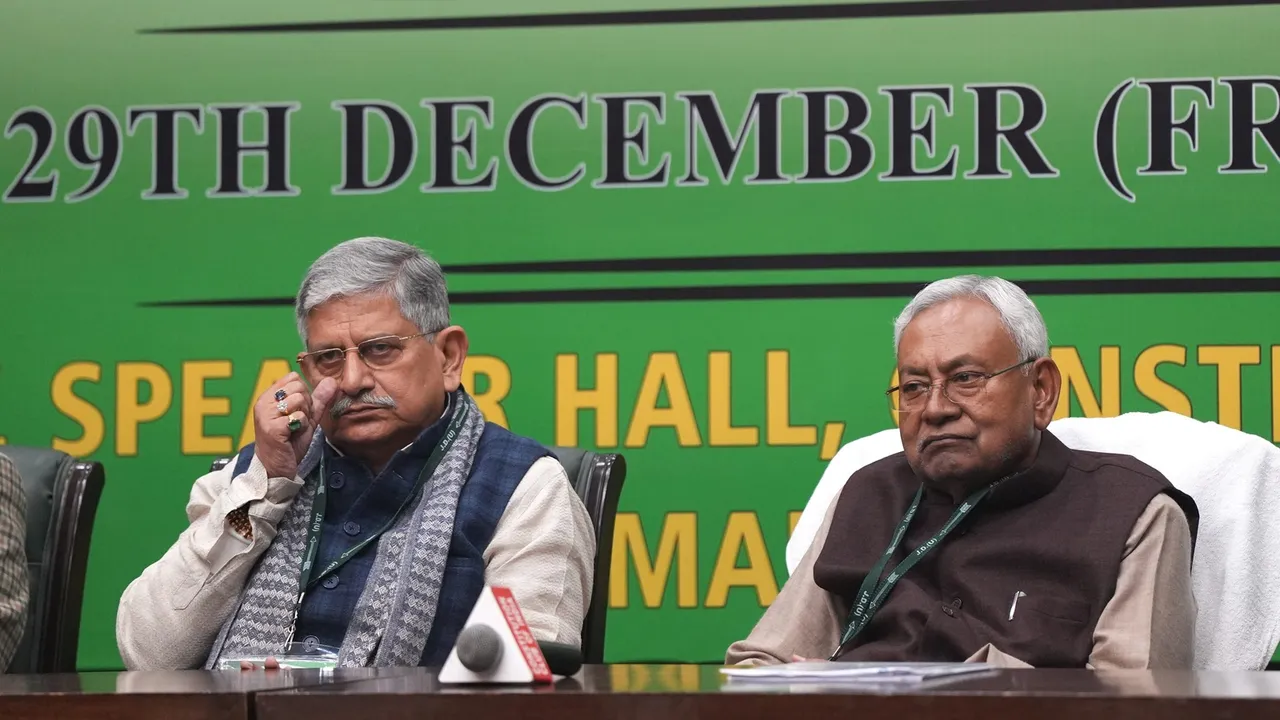 Bihar Chief Minister Nitish Kumar and JD(U) National President Lalan Singh convene the party's national executive meeting, in New Delhi