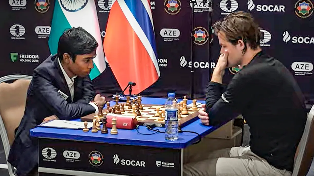Indian Grandmaster R Praggnanandhaa and Norway's Grandmaster and World No. 1 player Magnus Carlsen in Baku