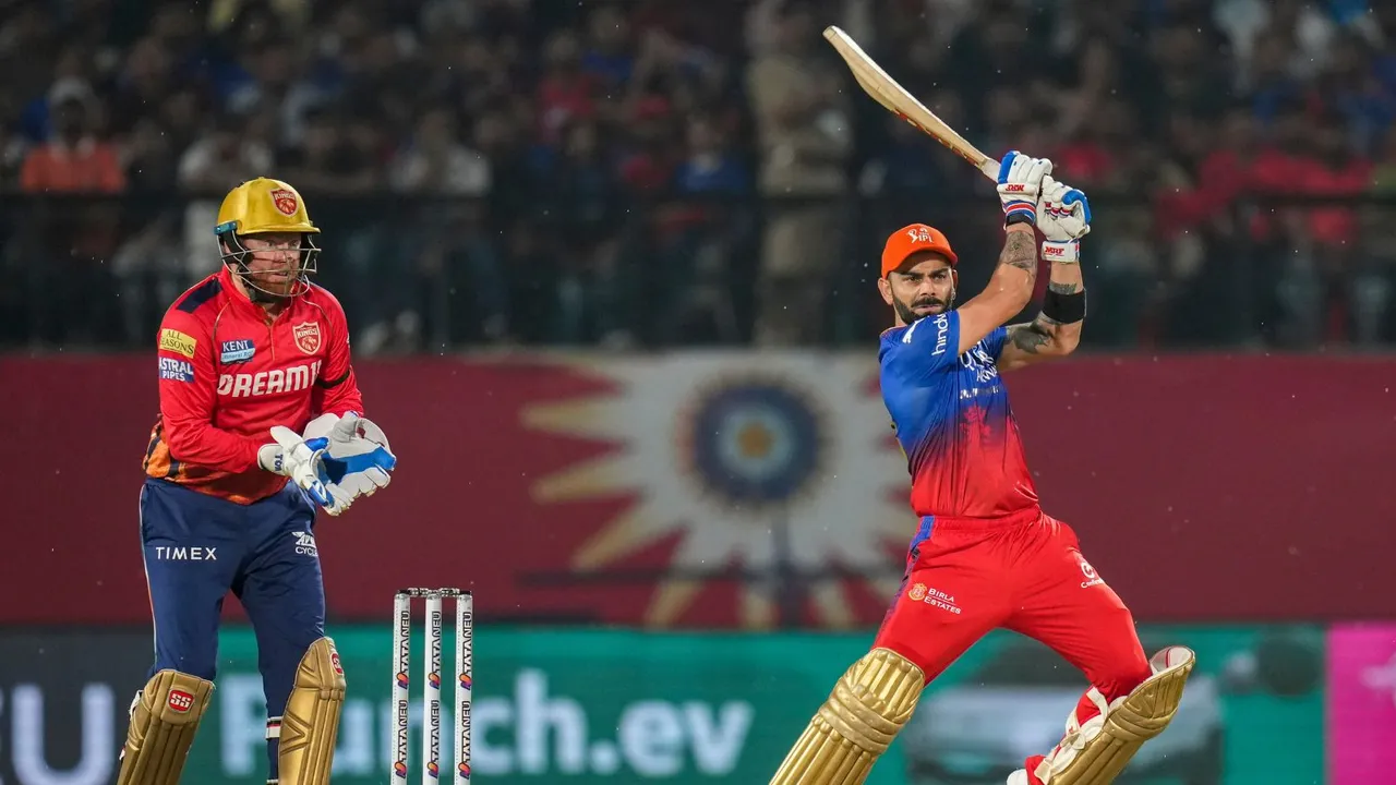 Royal Challengers Bengaluru's Virat Kohli plays a shot during an Indian Premier League (IPL) 2024 T20 cricket match between Punjab Kings and Royal Challengers Bengaluru, at HPCA Stadium, in Dharamshala, Thursday, May 9, 2024