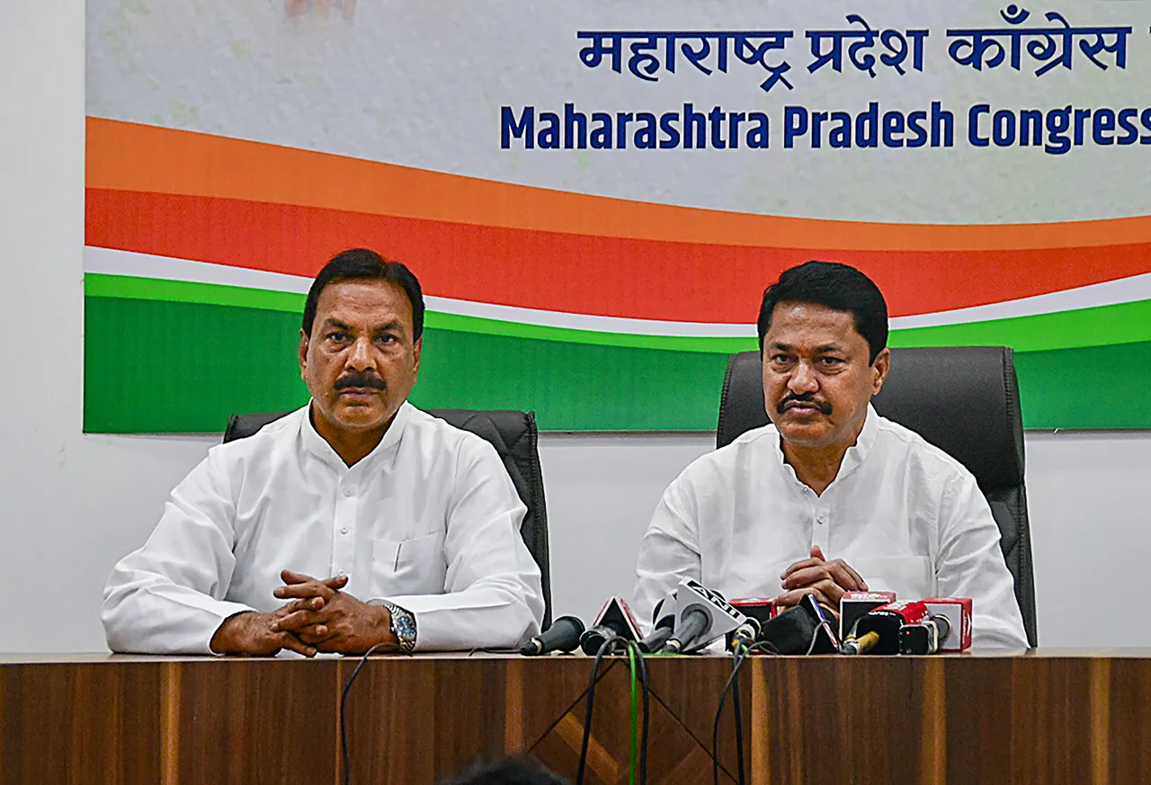 Maharashtra Pradesh Congress Committee President Nana Patole with party leader Naseem Khan addresses a press conference, in Mumbai