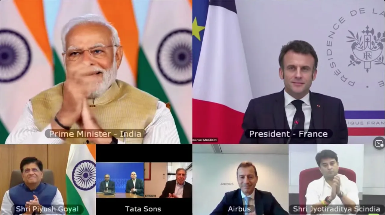 Prime Minister Narendra Modi and French President Emmanuel Macron in an online meeting to announce Air India-Airbus deal