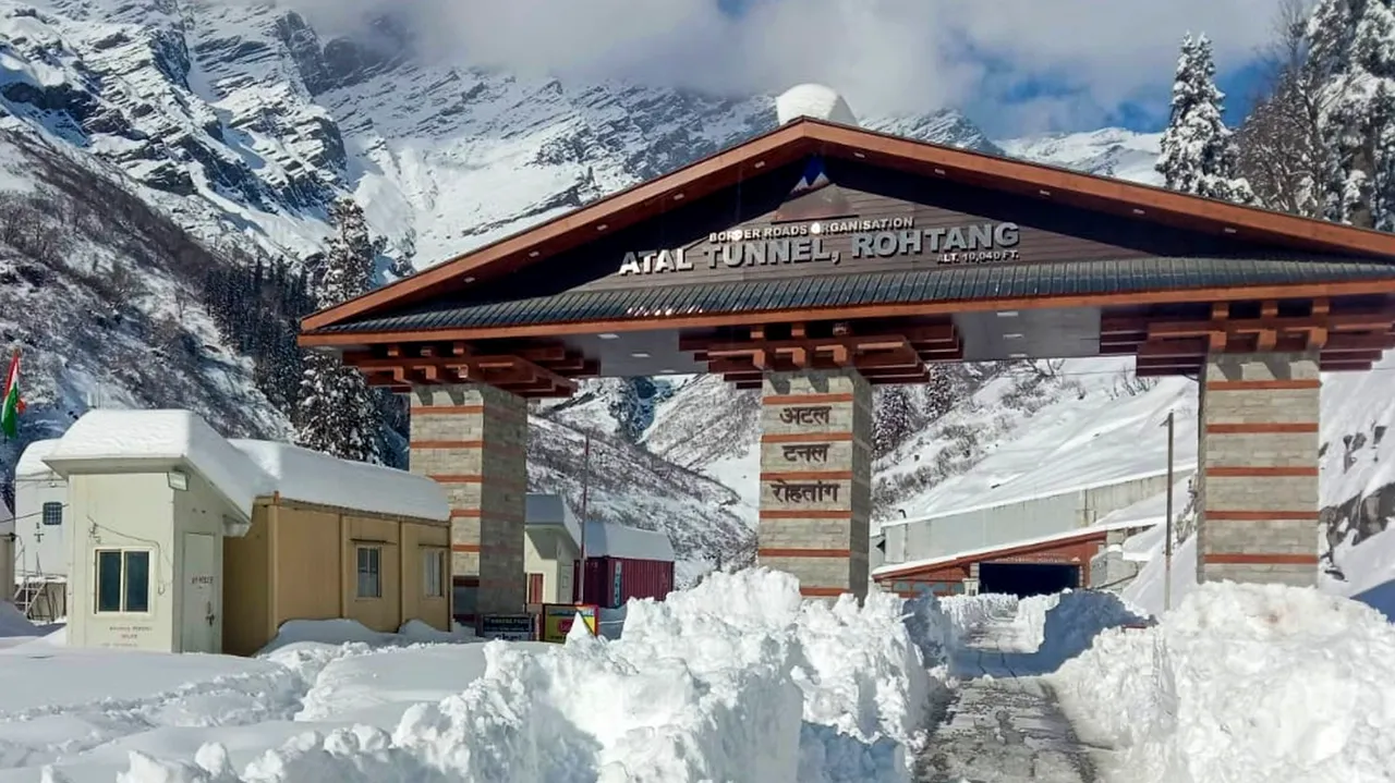 Snow-covered road at the Atal Tunnel Rohtang South Portal after fresh snowfall, in Manali district