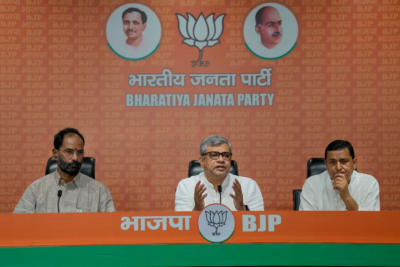 Union Railways Minister and BJP leader Ashwini Vaishnaw addresses a press conference, at BJP headquarters in New Delhi