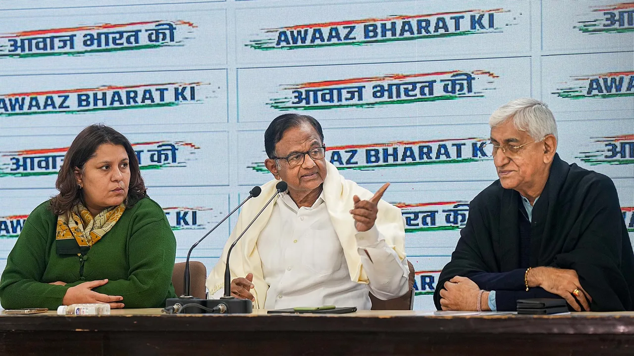 Congress leaders P. Chidambaram , T.S. Singh Deo and Supriya Shrinate address a press conference at AICC headquarters, in New Delhi