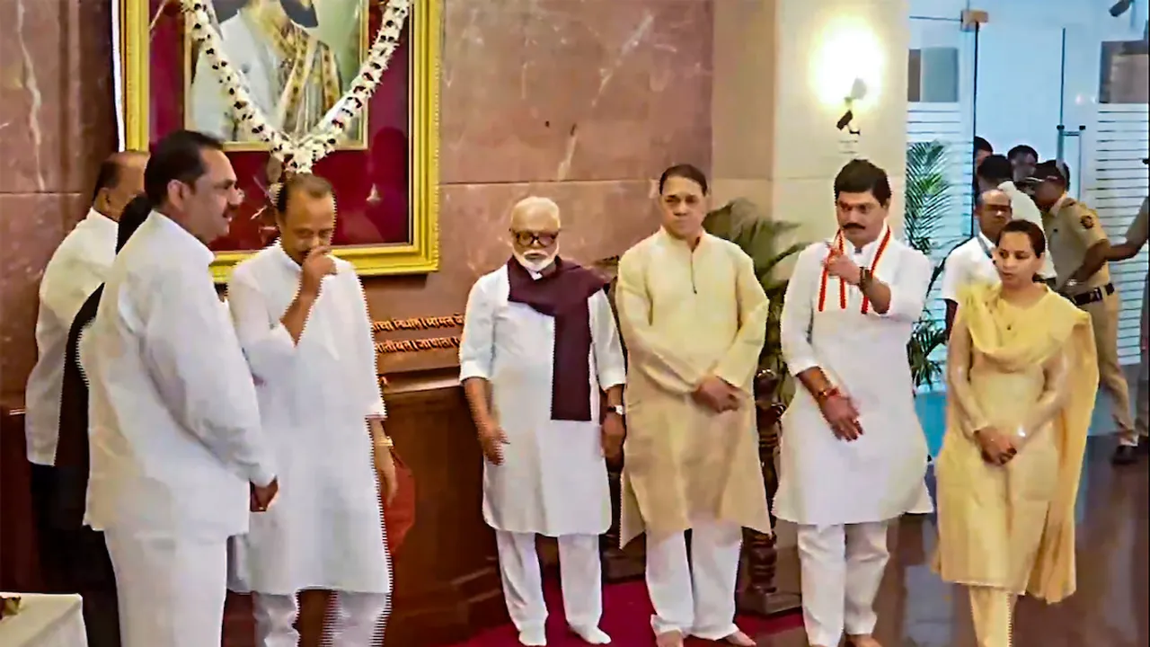 Newly sworn-in Maharashtra Deputy Chief Minister Ajit Pawar along with NCP leaders and others at Maharashtra Assembly to attend the Cabinet meeting, in Mumbai