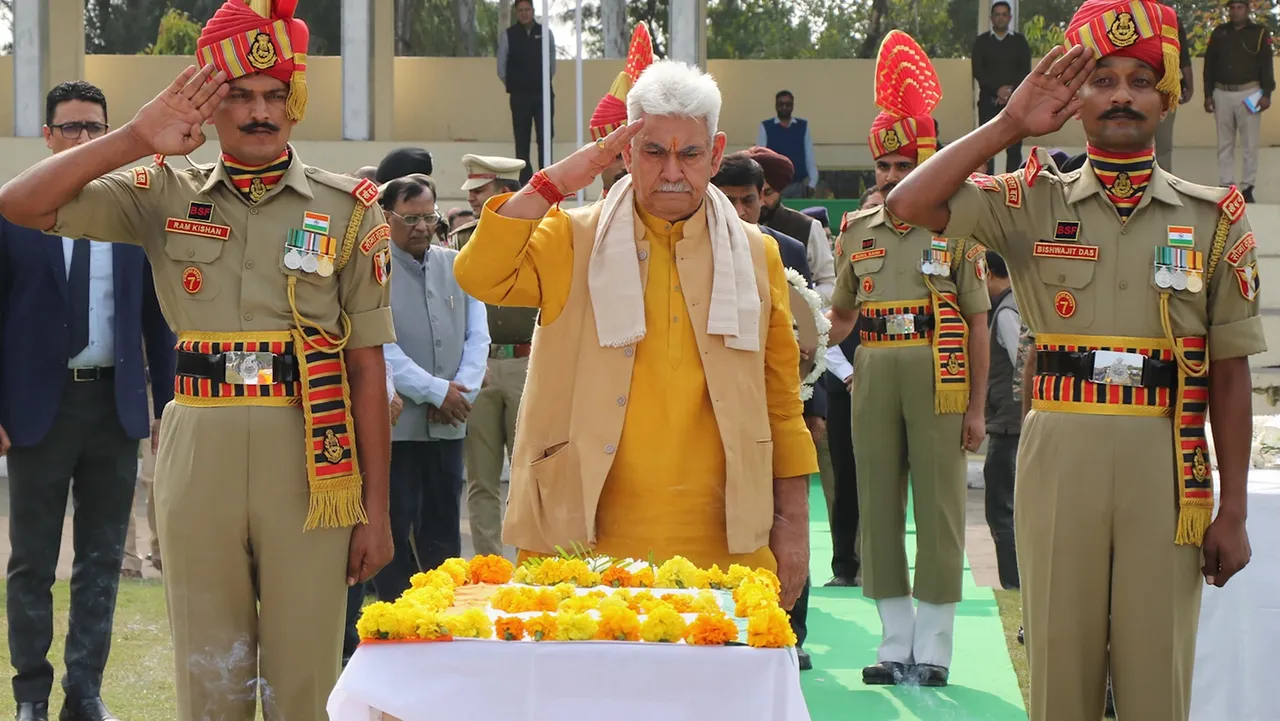 J&K Lieutenant Governor Manoj Sinha pays his last respects to BSF head constable Lal Fam Kima during a wreath laying ceremony at BSF's Paloura Camp in Jammu