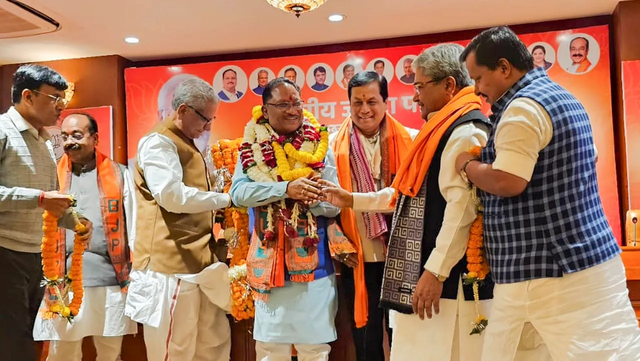 BJP leader Vishnu Deo Sai being garlanded by party leaders after he was elected as the next Chief Minister of Chhattisgarh, in Raipur