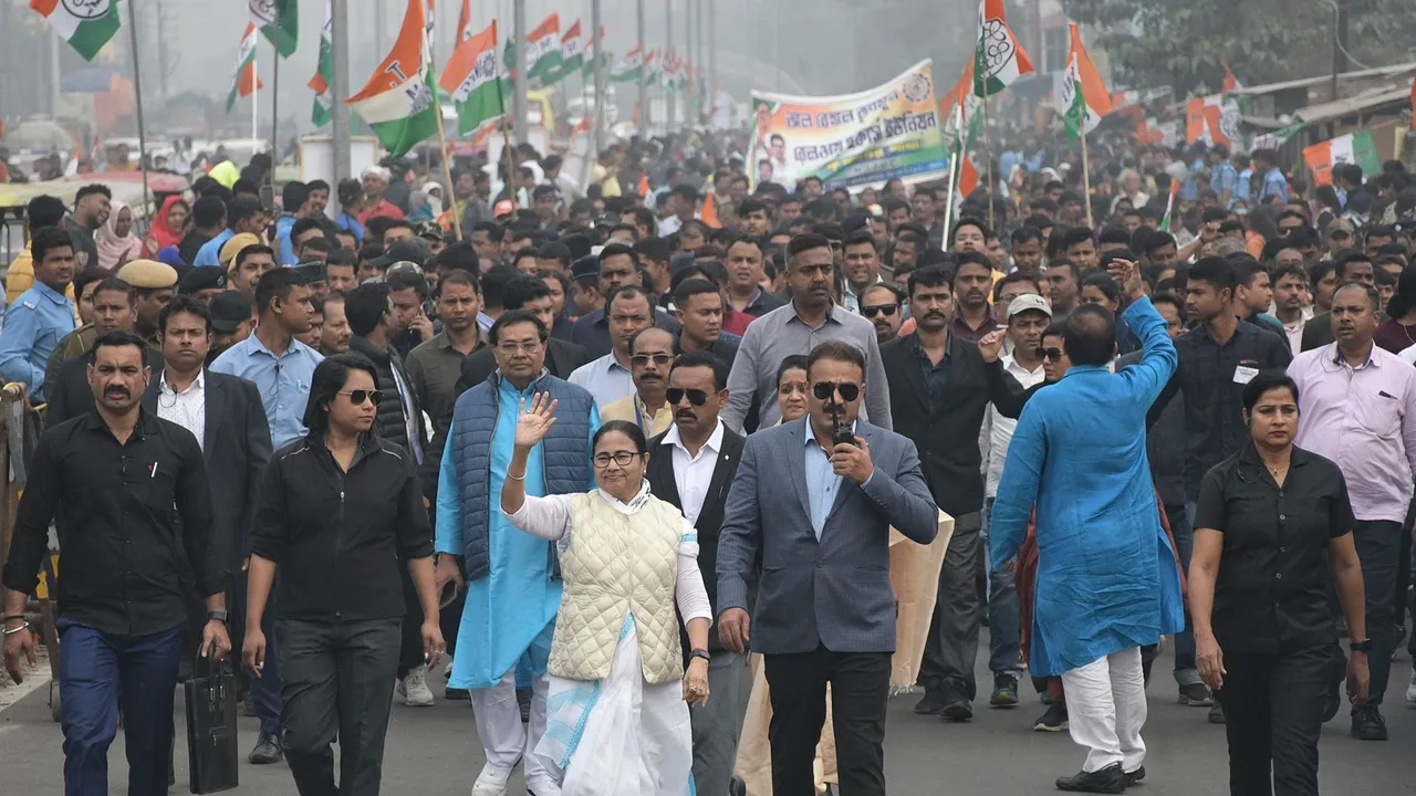 West Bengal Chief Minister and TMC supremo Mamata Banerjee during a roadshow, in Krishnangar, Thursday, Feb. 1, 2024.