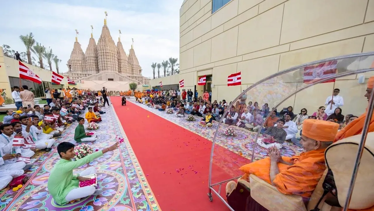 Abu Dhabi: Mahant Swami Maharaj, the spiritual leader of BAPS, arrives at the BAPS Hindu Mandir, Abu Dhabi marking the beginning of the Festival of Harmony. 
