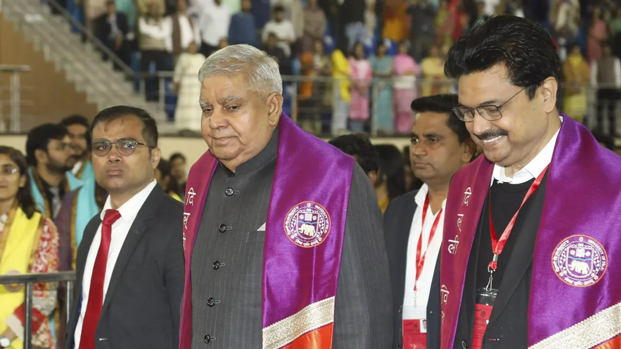 Vice President Jagdeep Dhankar with Delhi University vice chancellor Yogesh Singh at the university's 100th convocation on February 24