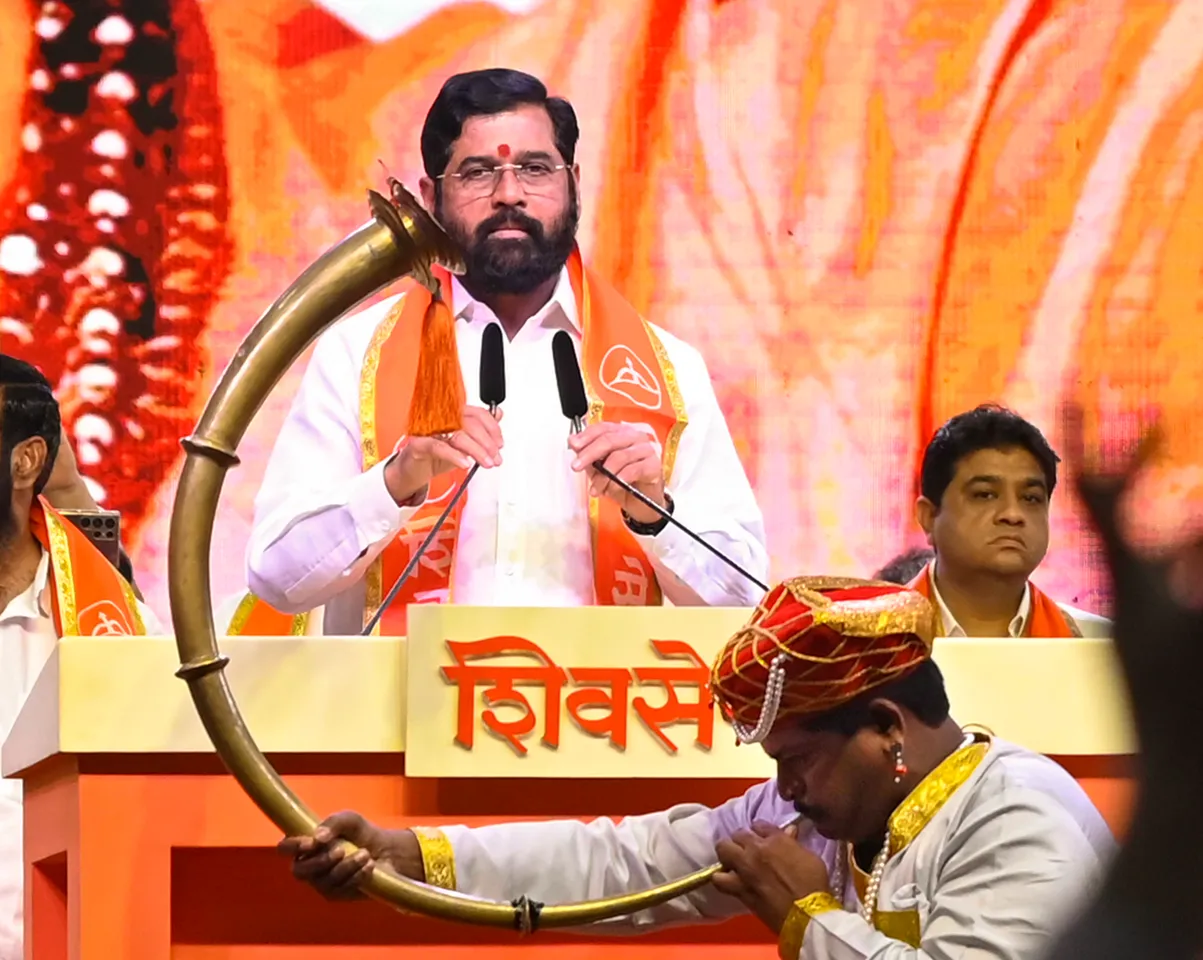 Maharashtra Chief Minister Eknath Shinde speaks during Shivsena Foundation Day function at NESCO Goregaon in Mumbai