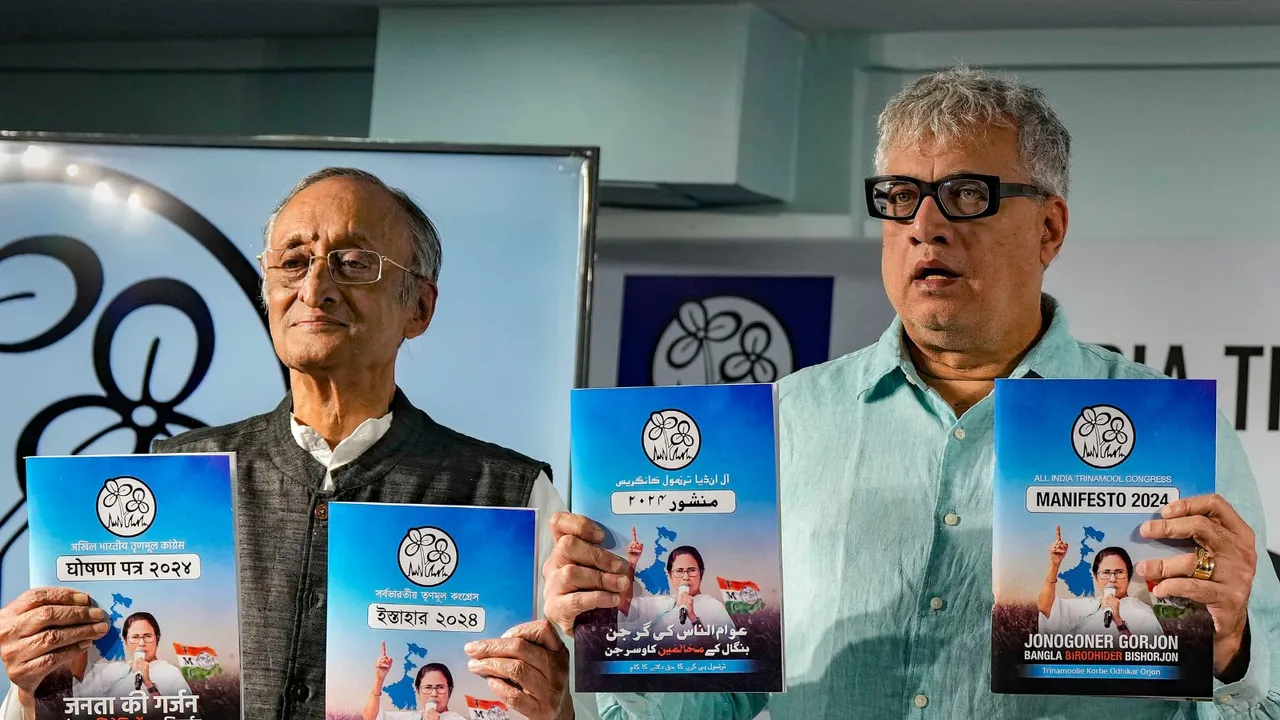 TMC leaders Amit Mitra and Derek O'Brien release the party's election manifesto for the Lok Sabha elections, in Kolkata, Wednesday, April 17, 2024