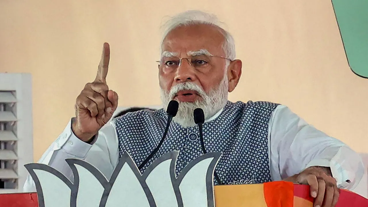 Prime Minister Narendra Modi addresses a public meeting for Lok Sabha polls, in Belgaum, Karnataka, Sunday, April 28, 2024