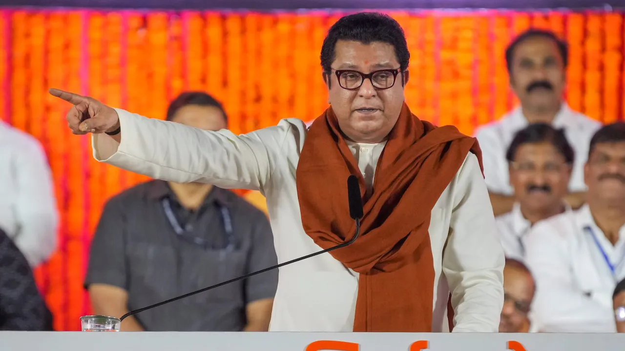 Maharashtra Navnirman Sena chief Raj Thackeray addresses party workers during a programme on the occasion of 'Gudi Padwa', in Mumbai, Tuesday, April 9, 2024.