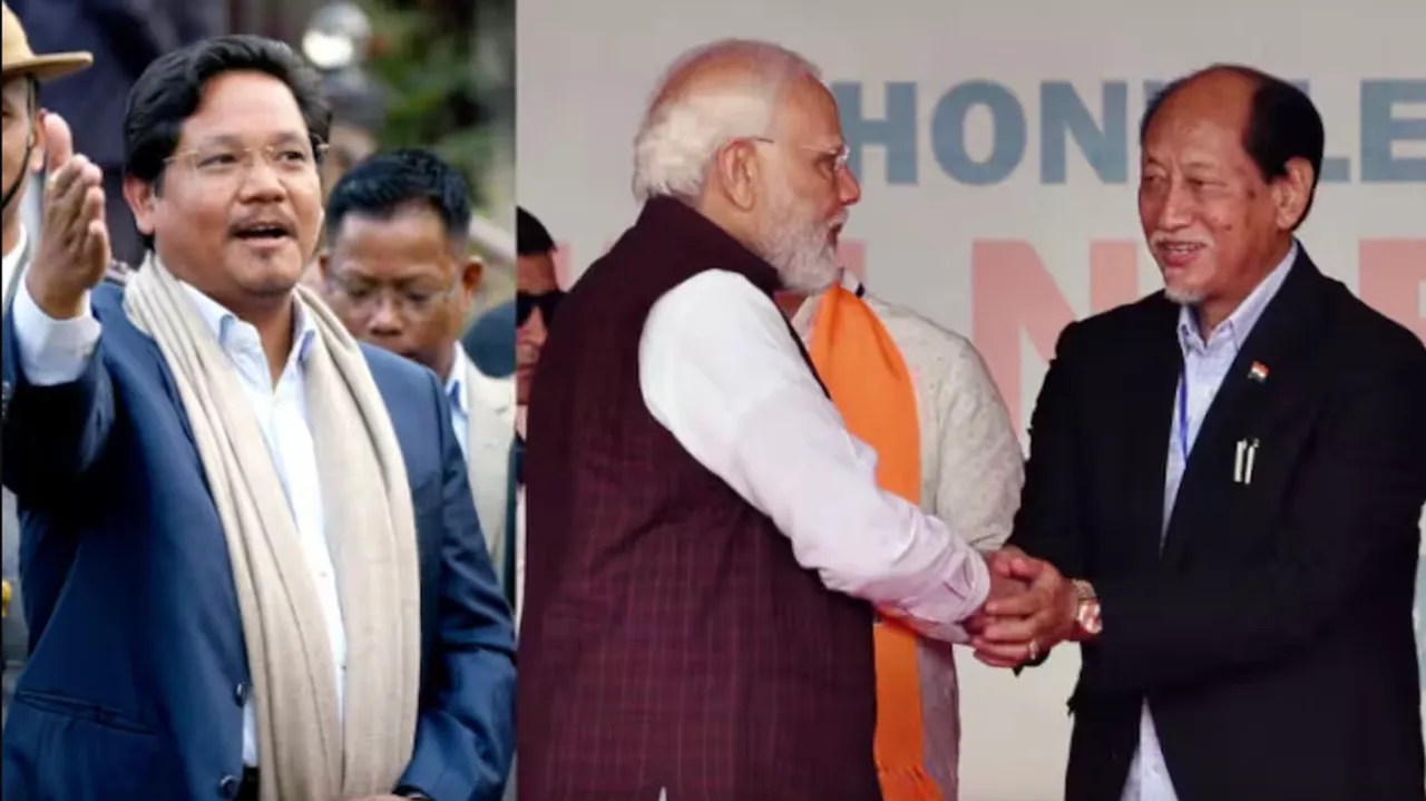 Conrad Sangma (Left) and Neiphiu Rio (Right) with PM Modi