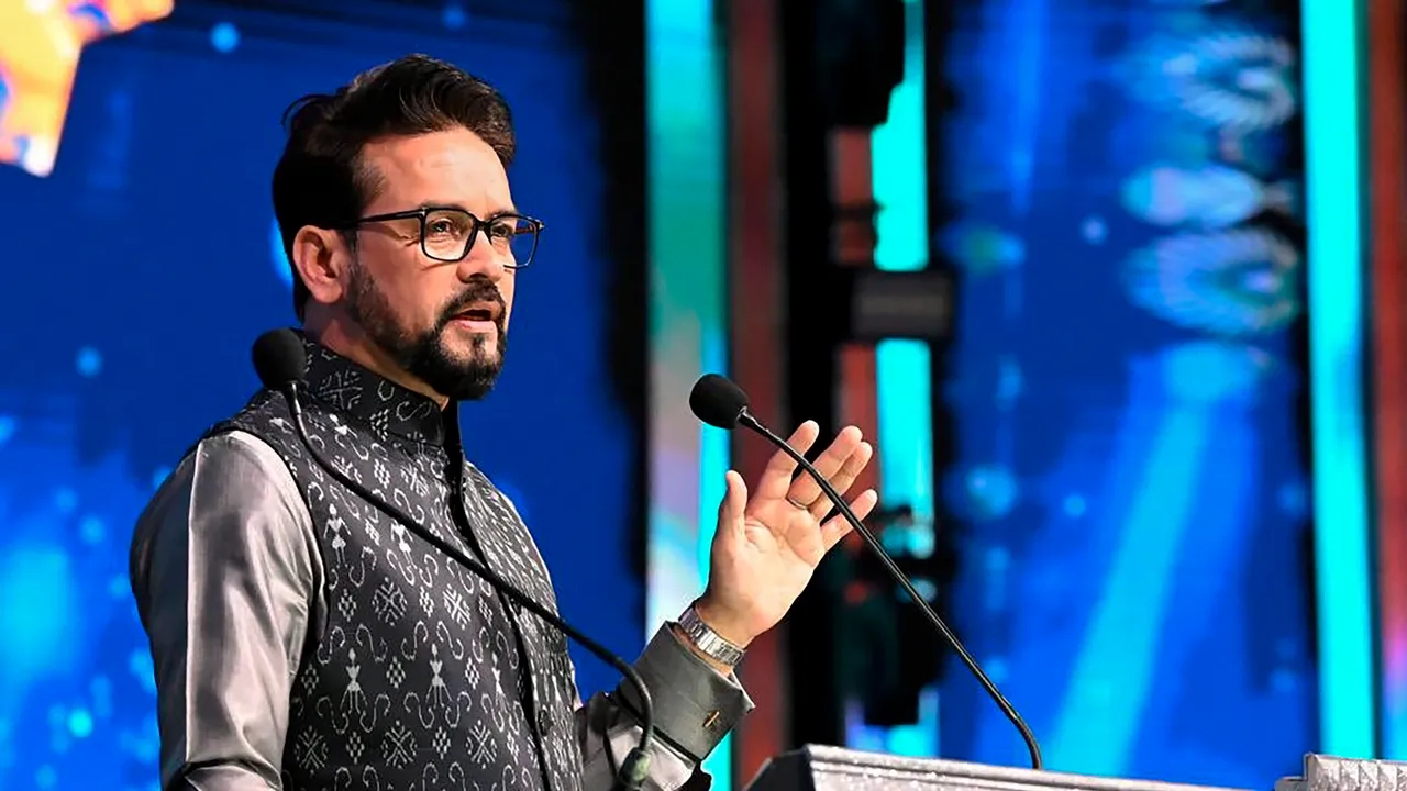 Union Minister for Information & Broadcasting and Youth Affairs & Sports Anurag Singh Thakur addresses during the inaugural ceremony of 54Th International Film Festival of India (IFFI), in Goa