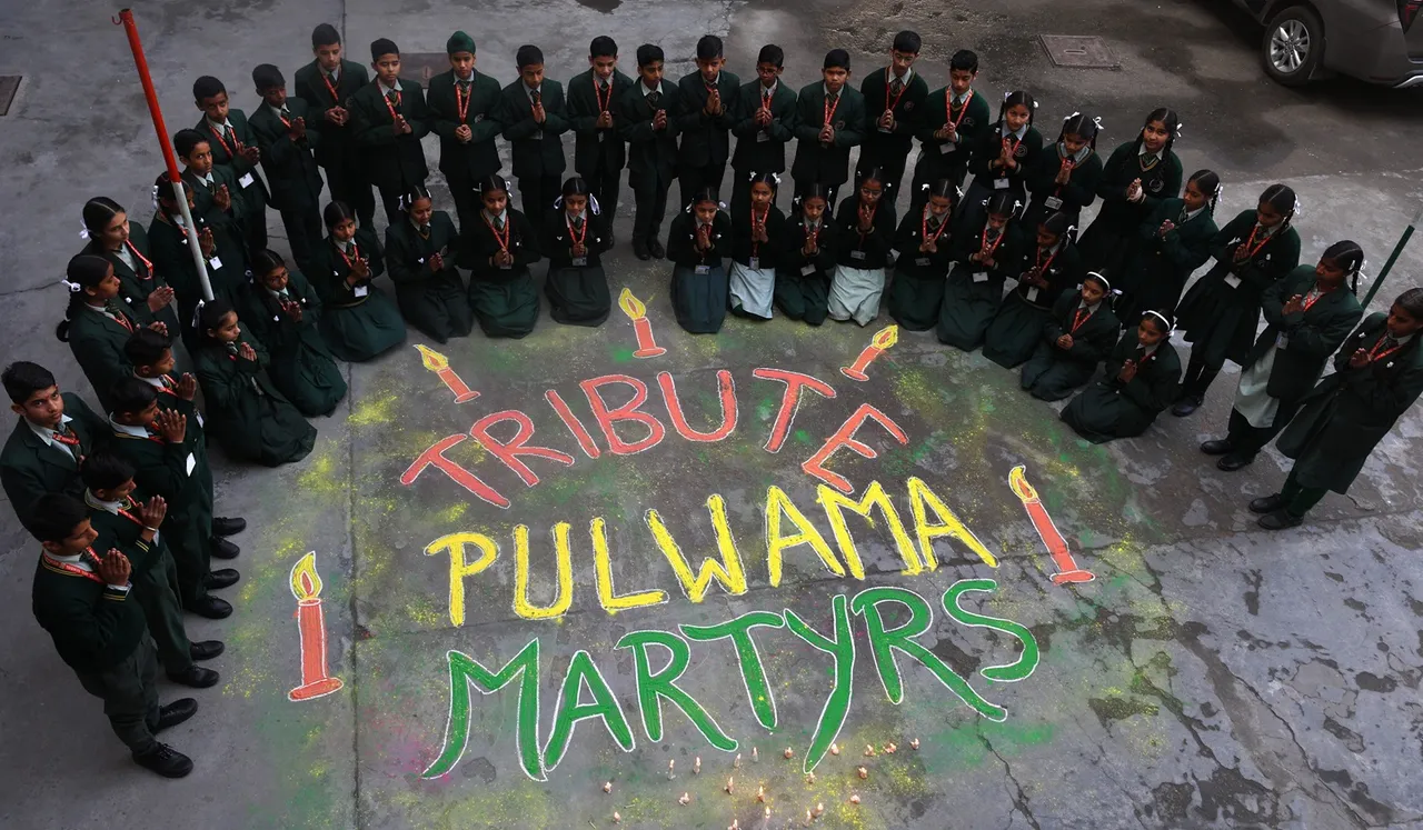School students pay tribute to victims of the 2019 suicide bombing attack by militants in J&K's Pulwama, in Jammu