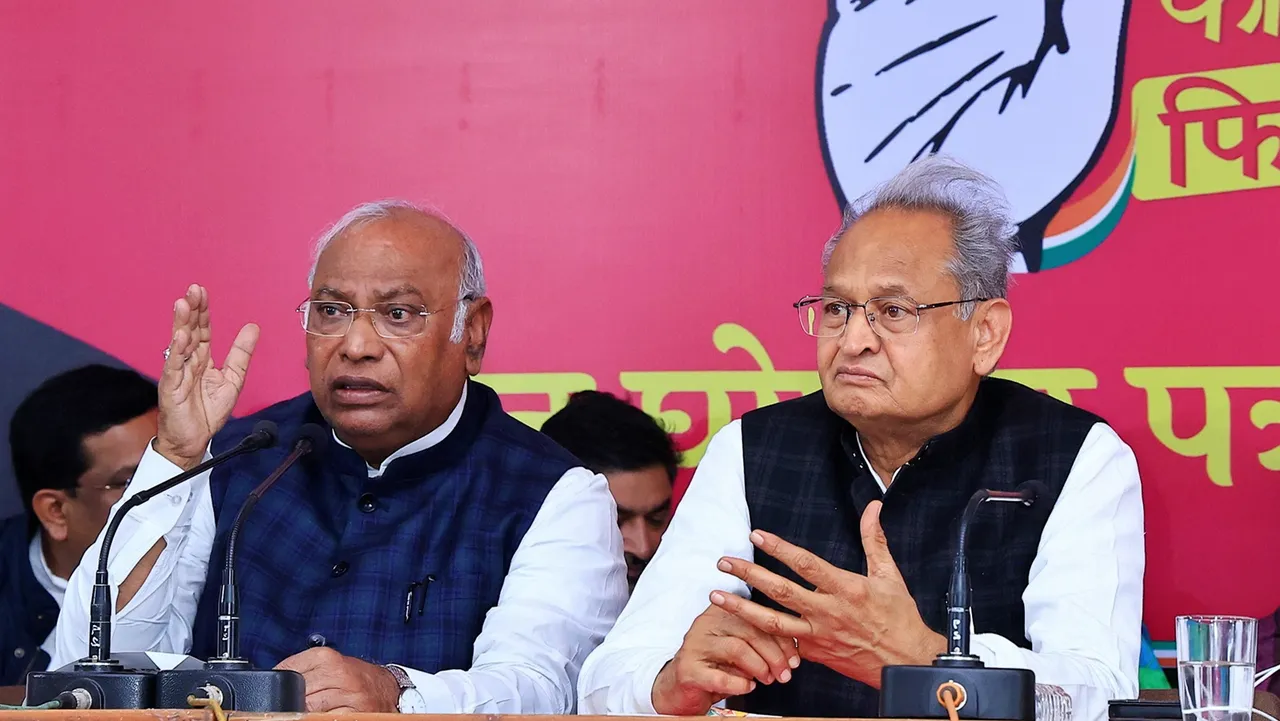 Congress President Mallikarjun Kharge with Rajasthan Chief Minister Ashok Gehlot addresses the press after releasing the party's manifesto for the State Assembly elections, in Jaipur