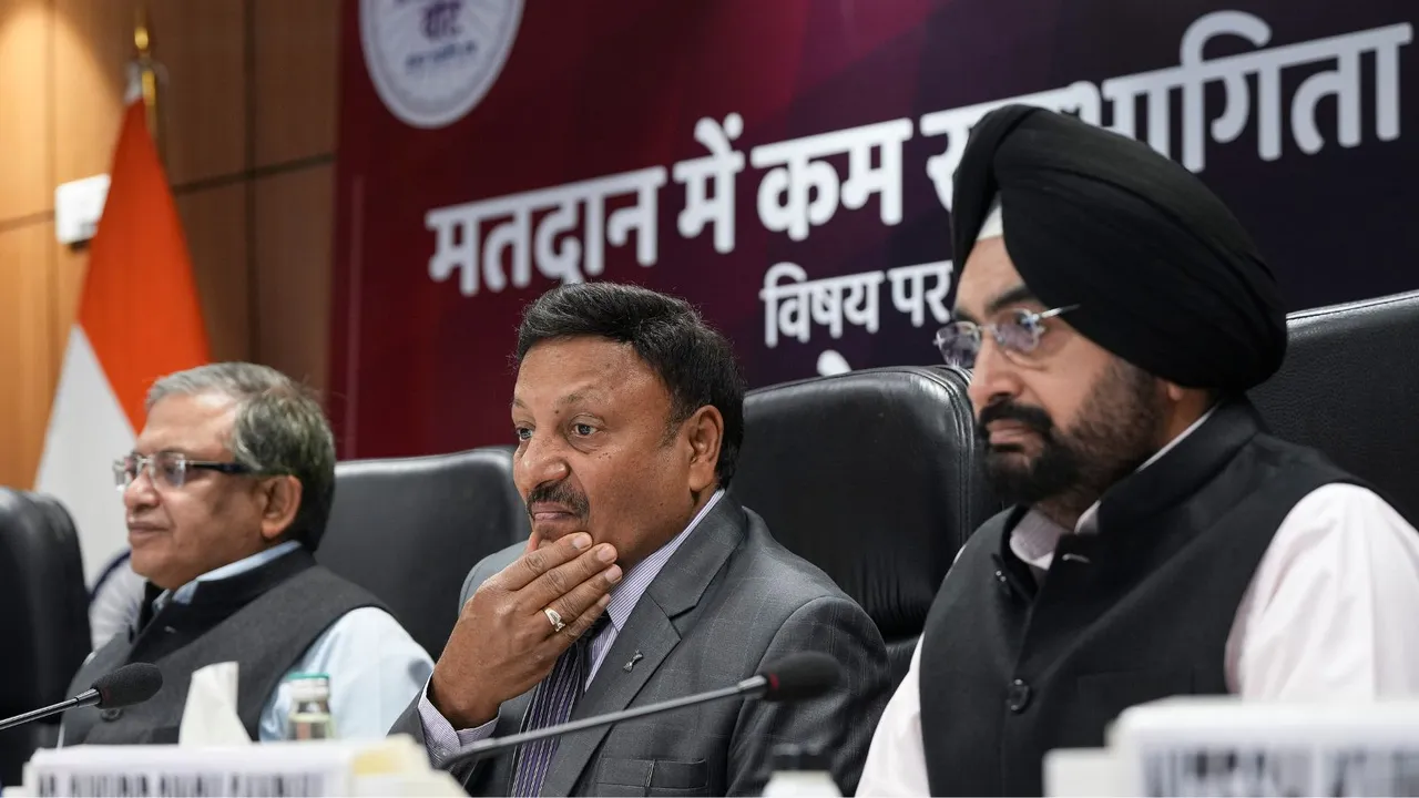 Chief Election Commissioner Rajiv Kumar with Election Commissioner Gyanesh Kumar during a conference on the issue of 'Low Voter Turnout' ahead of Lok Sabha elections, in New Delhi, Friday, April 5, 2024