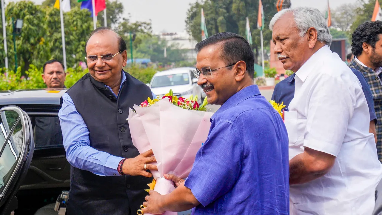 Delhi LG VK Saxena being welcomed by Chief Minister Arvind Kejriwal and Speaker Ram Niwas Goel as he arrives at the Delhi Assembly on the first day of the Budget Session on Friday