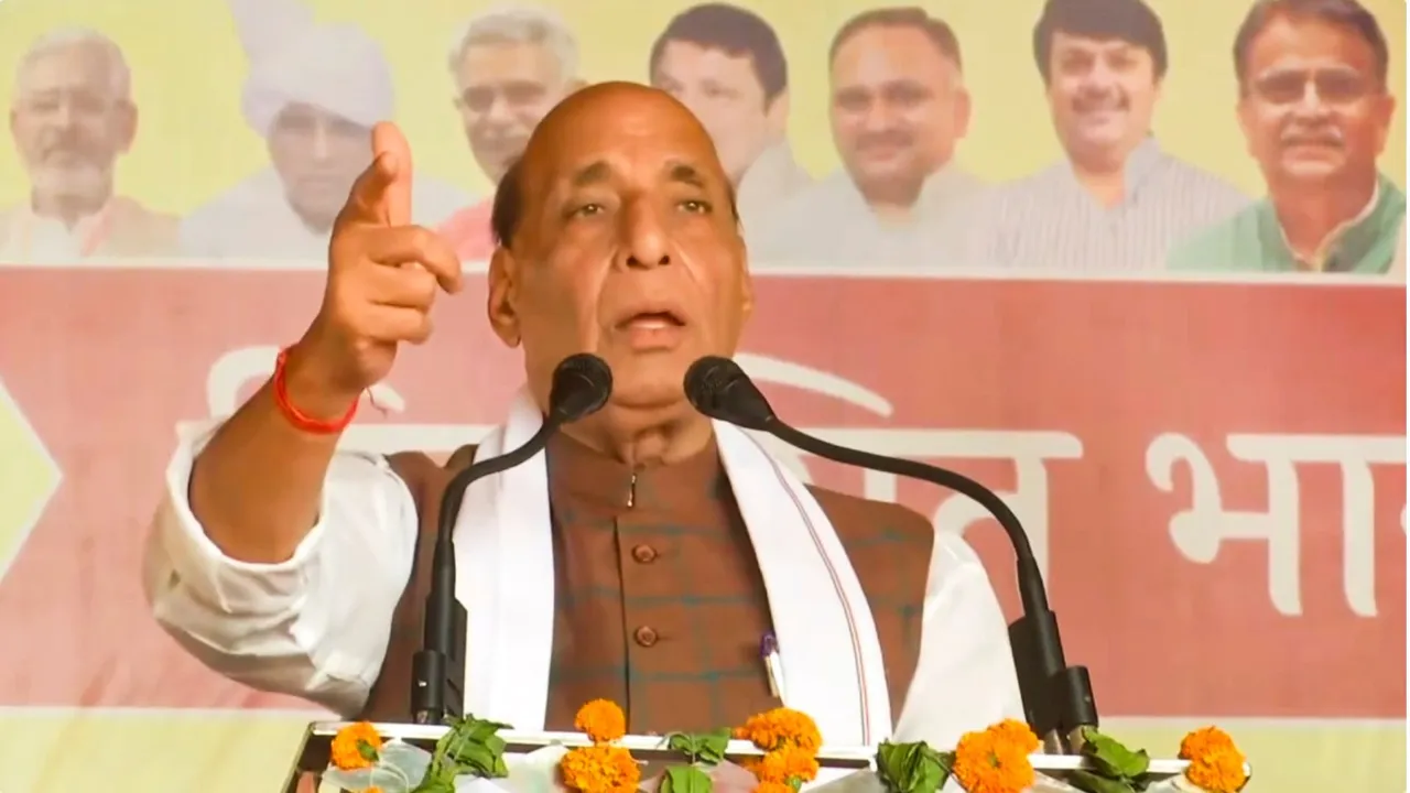 Union Defence Minister Rajnath Singh addresses a public meeting ahead of the third phase of Lok Sabha elections, in Rohtak district, Friday, May 3, 2024