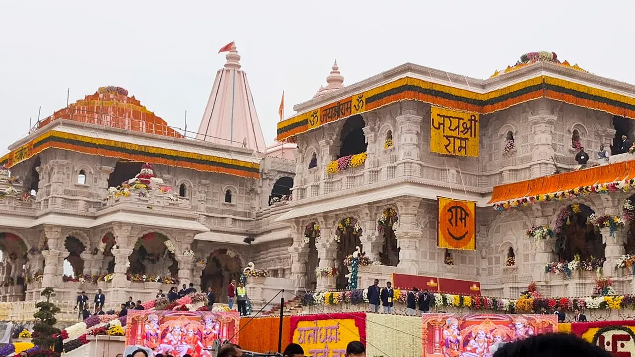 Ram Mandir decorated with flowers as part of preparations for its consecration ceremony, in Ayodhya