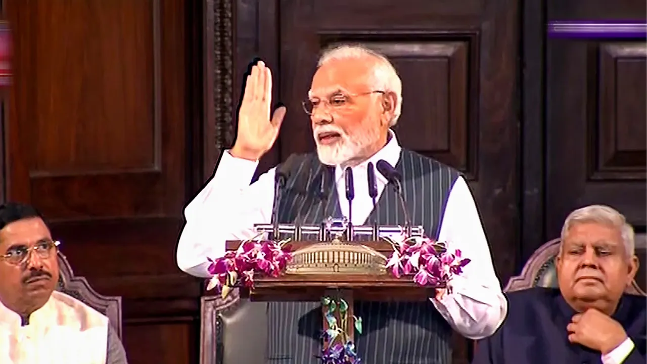 Prime Minister Narendra Modi speaks during an event organised in the Central Hall of Parliament on the occasion of the shifting of Parliament to the new building