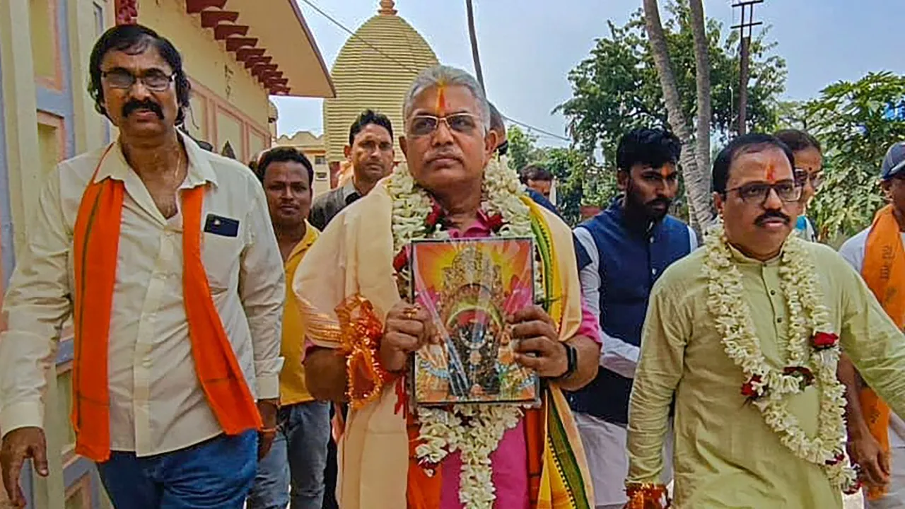 BJP candidate for Lok Sabha elections from Bardhaman-Durgapur constituency Dilip Ghosh after offering prayers at Sarbamangala temple, in Bardhaman, Wednesday, March 27, 2024
