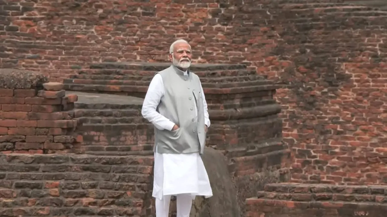 Prime Minister Narendra Modi during his visit to the ruins of Nalanda Mahavihara, in Nalanda district, Wednesday, June 19, 2024