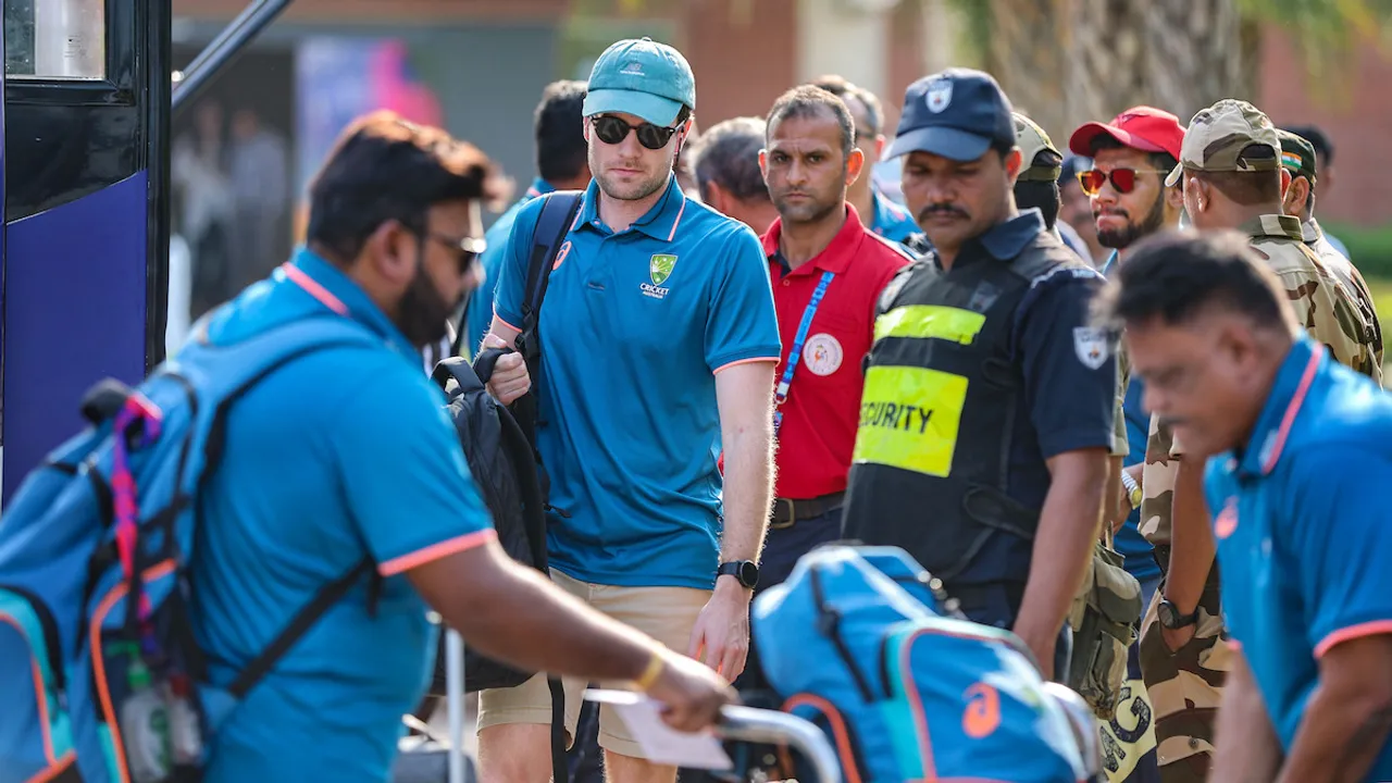 Australian players arrive at the Sardar Vallabhbhai Patel International Airport ahead of their ICC Men's Cricket world Cup match, in Ahmedabad, Sunday, Oct. 29, 2023.