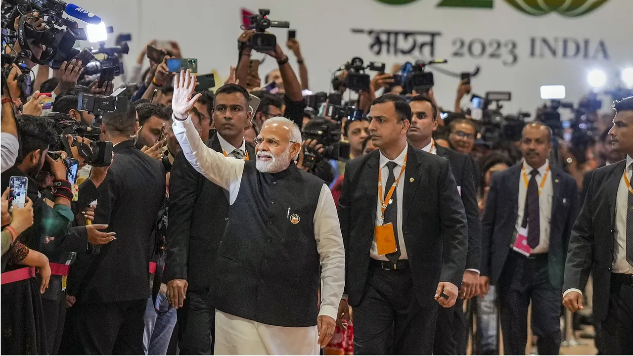 Prime Minister Narendra Modi arrives at International Media Centre at the G20 Summit venue Bharat Mandapam, in New Delhi