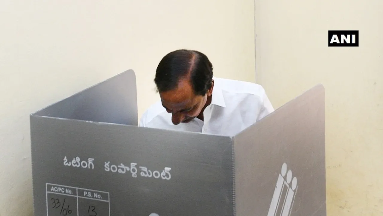 Telangana CM K Chadrasekhar Rao casts vote in native village