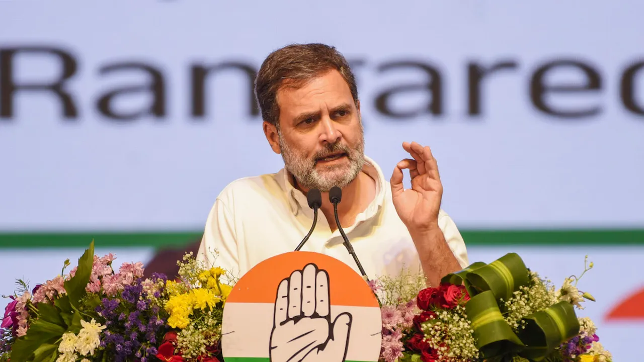 Congress leader Rahul Gandhi addresses the gathering during the release of the party's manifesto at a public meeting (Jana Jatara), ahead of the upcoming Lok Sabha election, in Hyderabad, Saturday, April 6, 2024.