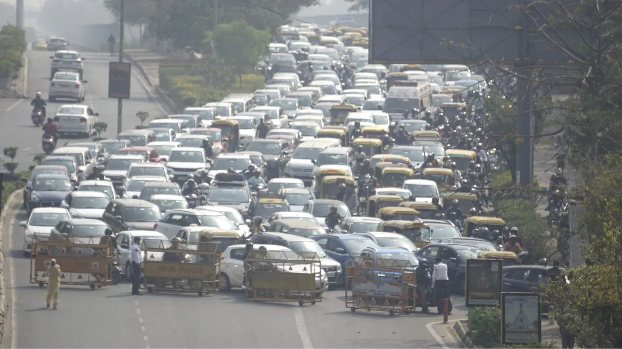 Vehicles stuck in a traffic jam at the ITO bridge due to a diversion, in New Delhi
